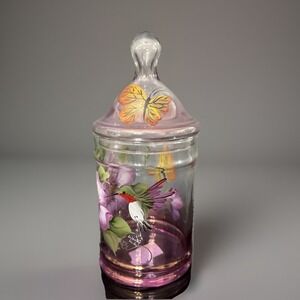 Tamarack WV Glass Hand Painted Hummingbird Fuscia Purple Apothecary Jar Lid Sign